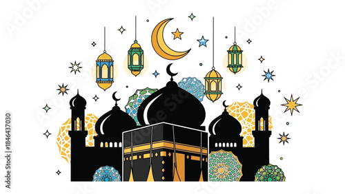 Sacred Islamic Shrine Illustration: A vibrant depiction of the sacred Kaaba, illuminated by crescent moon, lanterns, and stars. capturing the essence of cultural heritage and religious significance.