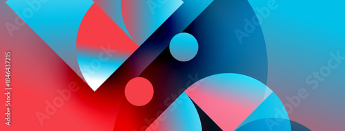 Abstract shapes blend vibrant red, blue hues. Circles intersect angled forms creating dynamic composition. Smooth gradients dominate visual space.