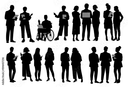 Set of diverse business people silhouettes in professional poses, including wheelchair user. Vector monochrome flat illustration isolated on transparent background.