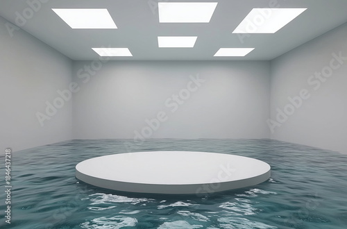 A minimalist white room with a circular platform floating in clear blue water, illuminated by soft overhead lighting and reflecting calm ripples