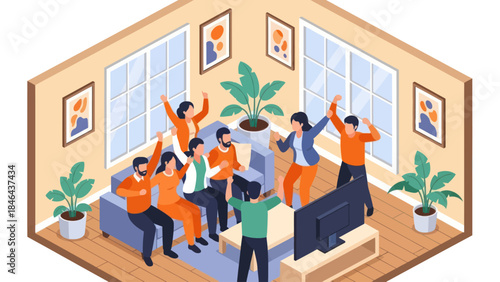 Group of friends joyfully watching television together at home.