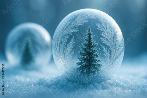 Frozen soap bubble with pine tree inside on snowy surface in winter