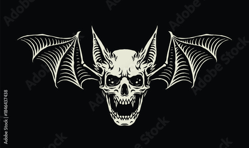 Vintage bat-skull fusion with wide wings, fangs, and hollow eyes, designed for horror fans and gothic-inspired themes.