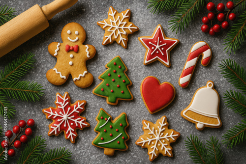 Christmas cookies with festive shapes and joyful decoration