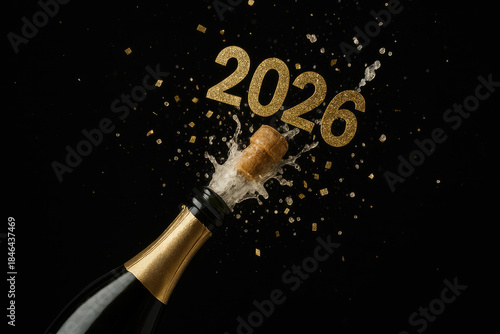 Champagne bottle popping with golden 2026 numbers and splash