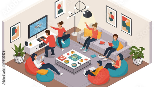 Group of friends enjoying leisure time together in a cozy living room setting.