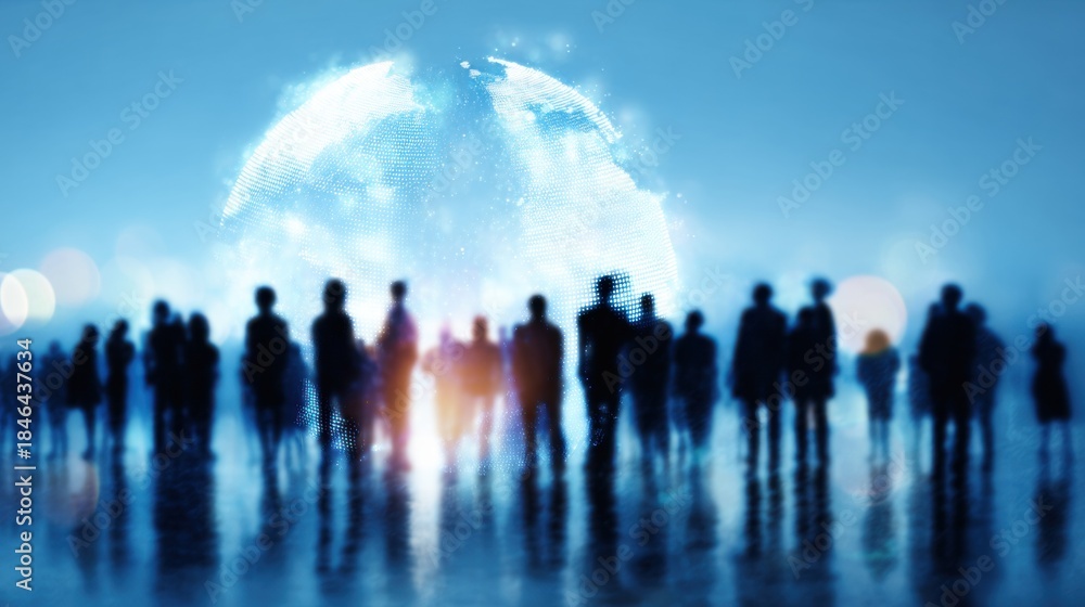 Fototapeta premium People gathered in front of a glowing digital globe in a city at night