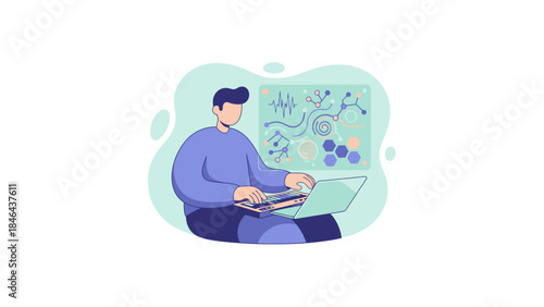 A person working on a laptop with abstract data visualizations and scientific elements in a modern flat illustration style.