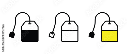  stylized tea bags with strings and tags in black white and yellow- vector illustration