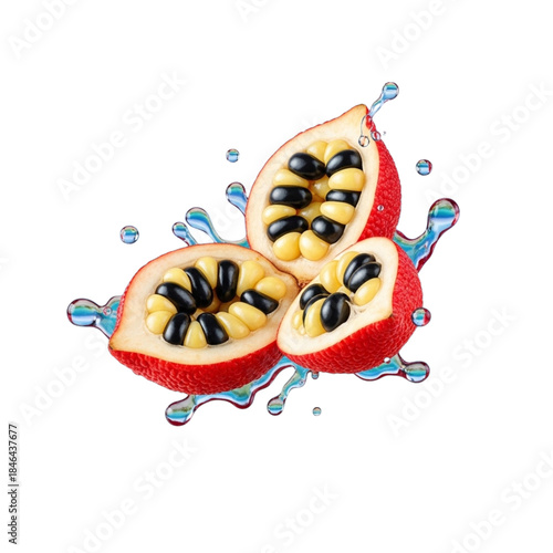 Fresh passion fruit pieces splashing with water on black background