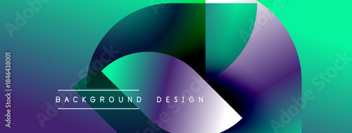 Abstract vibrant design features overlapping colorful shapes. Gradient hues blend turquoise, purple, green creating dynamic visual effect. Text reads background design.