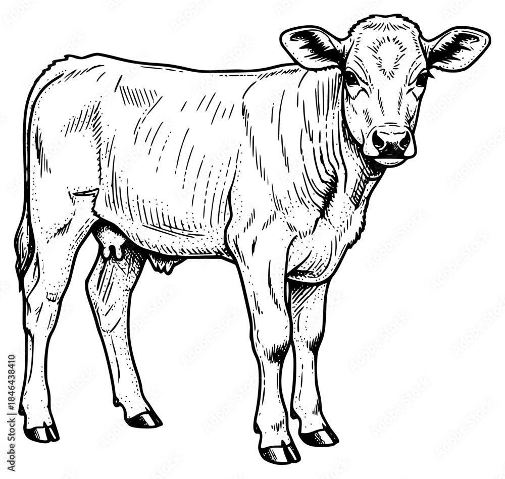 Fototapeta premium a black and white drawing of a calf, drawn in a pen and ink sketch, black, calf, cattle, cow, draw, drawing, illustration, sketch, stand, against transparent background