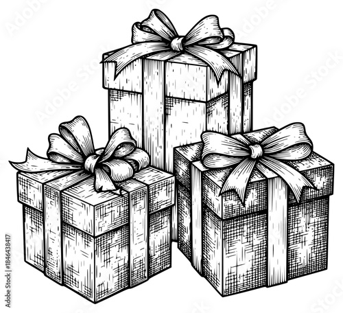 a black and white drawing of gift boxes with bows and ribbons, black, bow, box, drawing, gift, gift box, illustration, present, ribbon, against transparent background