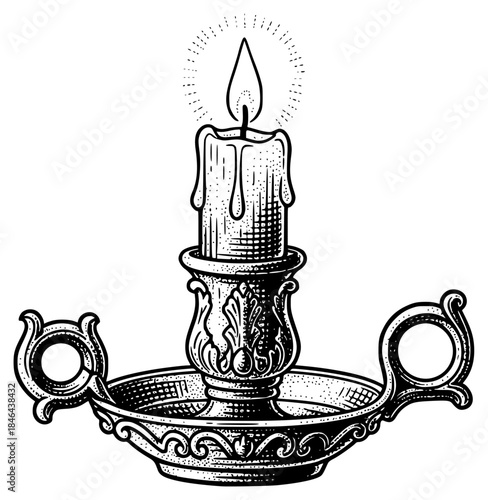 a black and white drawing of a candle holder with a lit candle, black, candle, cut, drawing, engraving, illustration, light, against transparent background