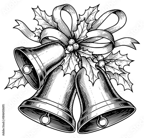 a black and white drawing of bells with a bow, bell, black, bow, drawing, holly, illustration, ribbon, against transparent background