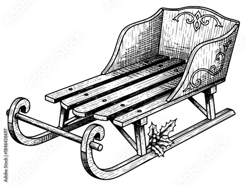 a drawing of a wooden sleigh or bench, bench, black, drawing, illustration, sled, sleigh, wooden, against transparent background