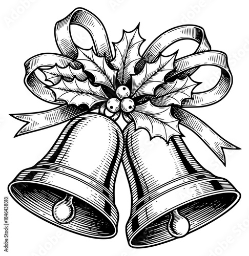 a black and white drawing of bells with holly, bell, black, bow, drawing, holly, illustration, against transparent background