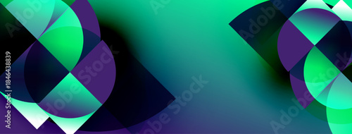 Abstract shapes blend, creating vibrant teal, purple gradients. Modern design evokes fluidity, energy, visual interest.