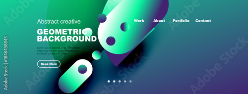 Abstract geometric background design. Vibrant colors, shapes, text elements present. Website header illustration, modern style.