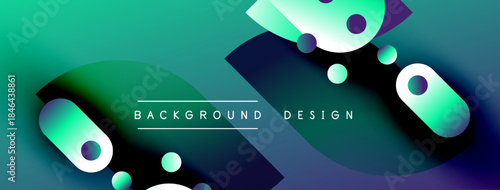Abstract gradients, shapes overlap. Teal, purple hues dominate design. Modern aesthetic, dynamic composition. Simple text overlay present.