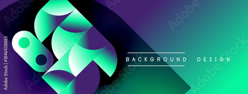 Abstract geometric shapes blend vibrant turquoise, purple hues. Modern design features gradient transitions, text elements.