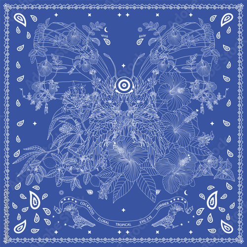 Tropical blue bandana print. paisley, cockatoo, birds, flora, flower, lace, evil eye, star, moon, sun, butterfly bandana. seamless pattern. Silk neck scarf or kerchief square pattern design.