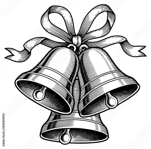 a black and white drawing of bells with a bow, bell, black, bow, drawing, illustration, ribbon, against transparent background