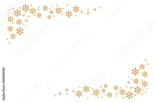 Elegant white background with scattered golden snowflakes forming a decorative border frame, perfect for festive Christmas, winter holiday greeting cards, invitations, posters and seasonal designs.