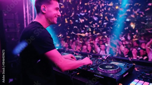 A stylish woman musician plays a fashion-forward DJ set on the nightclub stage, entertaining a dancing crowd with high-energy sound equipment at a retro disco party