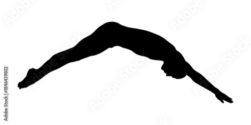 Silhouette of person diving with arms extended forward.