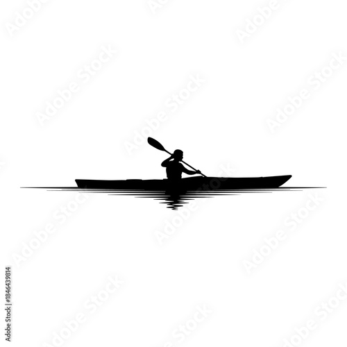 Silhouette of person kayaking with single paddle.