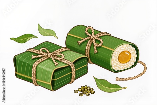 Illustration of traditional rice cakes (bánh chưng, bánh tét) wrapped in green leaves, Lunar New Year illustration, white background.