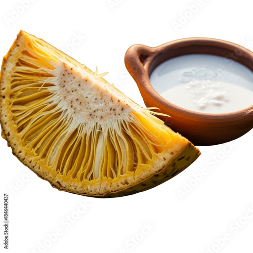Golden jackfruit slice with creamy dip on black background