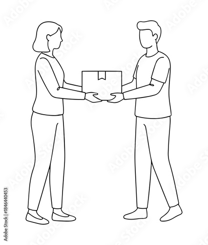 Minimalist black and white line art illustration showing two people exchanging or handing over a package. Perfect for delivery, shipping, business transaction, and customer service concepts.