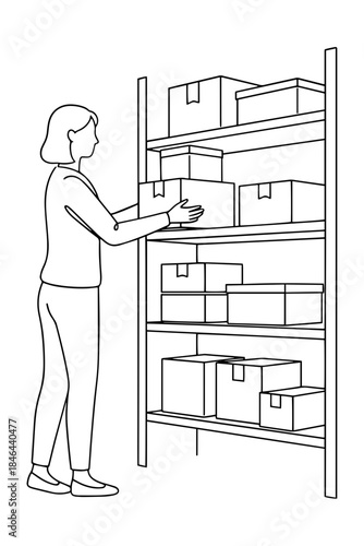 Clean line art illustration of a woman organizing boxes and packages on industrial warehouse shelving. Perfect for logistics, inventory management, e-commerce fulfillment, and organizational concepts.