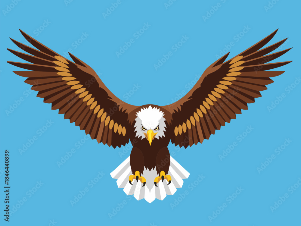 Fototapeta premium A majestic bald eagle with its wings spread wide, soaring against a clear blue sky.