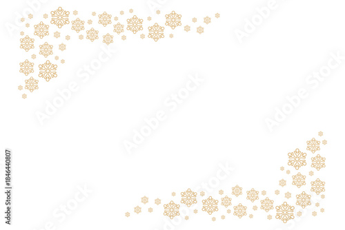 Elegant white background with scattered golden snowflakes forming a decorative border frame, perfect for festive Christmas, winter holiday greeting cards, invitations, posters and seasonal designs.