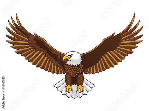 A majestic bald eagle with its wings spread wide, showcasing its brown feathers and white head.
