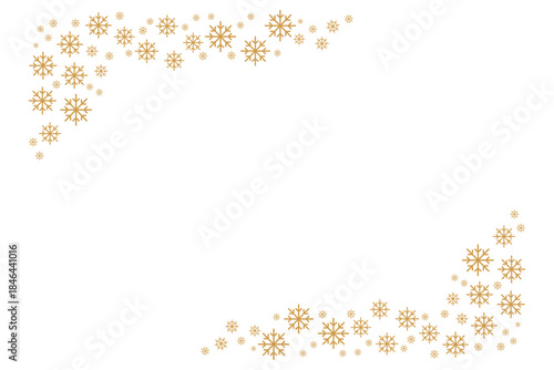 Elegant white background with scattered golden snowflakes forming a decorative border frame, perfect for festive Christmas, winter holiday greeting cards, invitations, posters and seasonal designs.