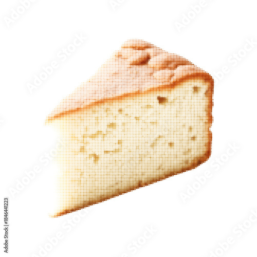 Halftone illustration of a cheese slice isolated on white background. Retro dot texture food icon for menu design, packaging, branding, poster or editorial use.