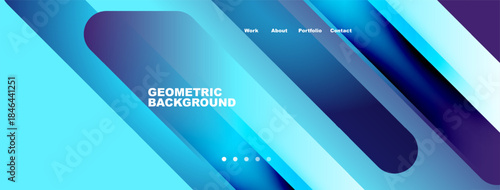 Abstract geometric background. Blue, purple gradients dominate design. Navigation menu present at top. Modern aesthetic.