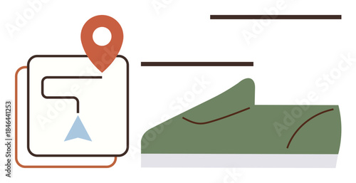 Map with route pin and arrow paired with a green sneaker. Ideal for navigation, fitness, outdoor activities, hiking, walking, tracking, healthy lifestyle. Simple flat metaphor