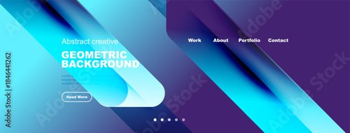 Abstract website header design. Vibrant blue, purple gradients dominate. Text includes geometric background, navigation options present. Modern aesthetic.