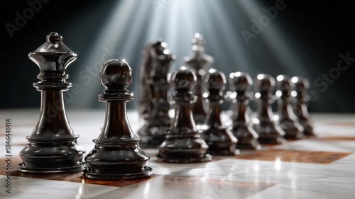 Strategic Chessboard: Illuminated by a single spotlight, a chessboard showcases black pieces in a tactical formation, symbolizing strategy, competition, and decisive action.