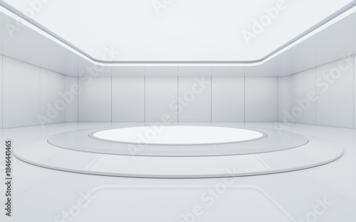 Empty stage in the white futuristic building, 3d rendering.
