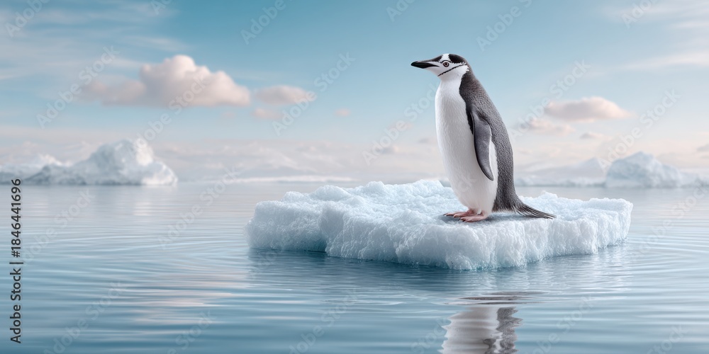 Obraz premium Penguin standing on ice floe in melting water with bright sky