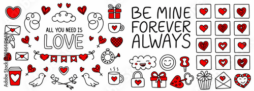 Valentine's Day doodle icons and romantic phrases