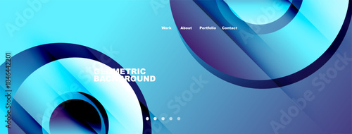 Abstract blue design features flowing shapes, gradients. Minimalist header includes navigation options work, about, portfolio, contact. Modern aesthetic.
