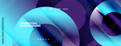 Abstract fluid shapes, vibrant colors, geometric design. Modern background with navigation menu elements present.