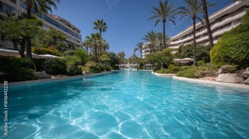 Wallpaper Mural In a tropical paradise, a shimmering swimming pool stretches out, framed by swaying palm trees and vibrant foliage, inviting relaxation under the bright sun Torontodigital.ca